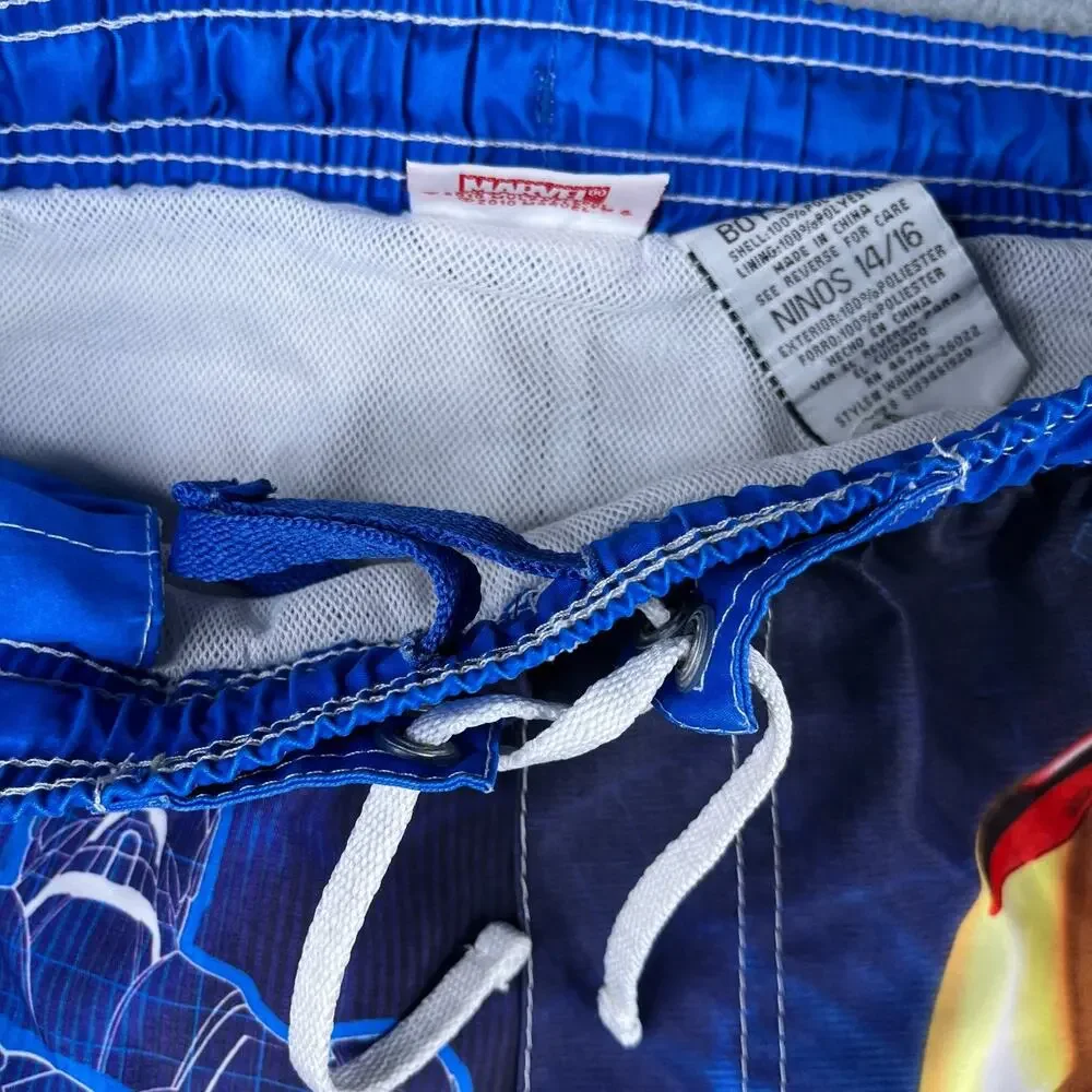 Iron Man Swim Trunks Boys 14/16 Blue Graphic Print Pool Beach Elastic Waist
